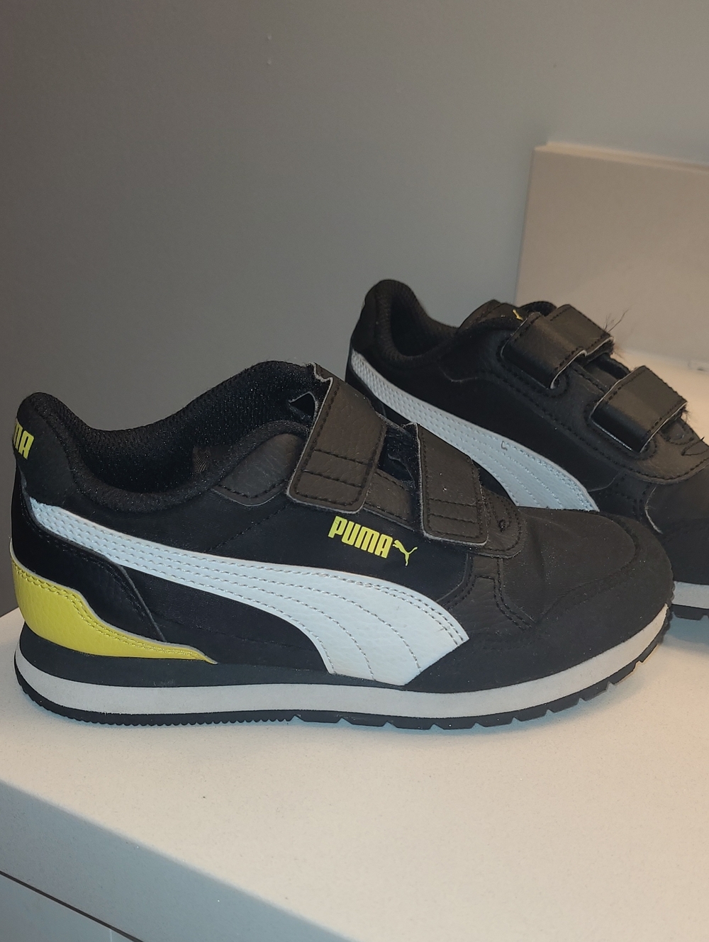 PUMA Kids' Black & White Velcro Sneakers with Yellow Accent